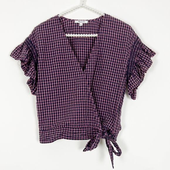 Madewell Plaid Flutter Sleeve Side Tie Wrap Top Size Small - Picture 2 of 5